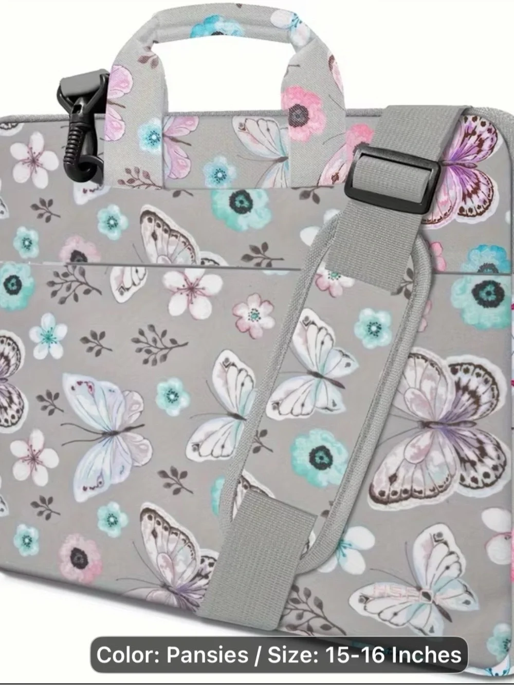 Source Unknown Gray Laptop Bag with Pastel Butterfly & Pansy Print